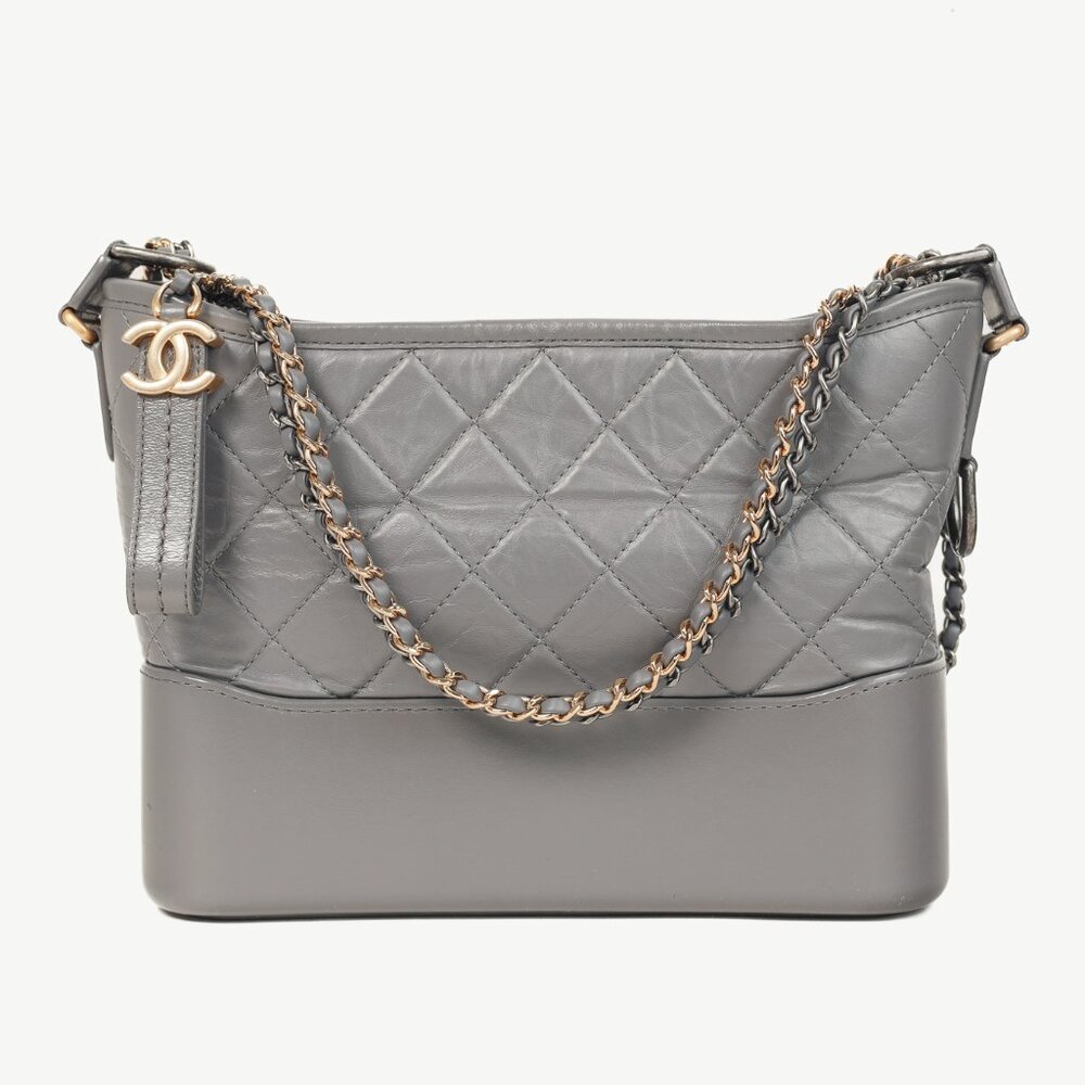Chanel Gabrielle Quilted Hobo Aged Calfskin Grey Leather Crossbody Shoulder Bag
